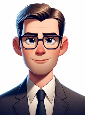 DALL·E 2024-02-24 00.40.37 - Create a Pixar-style illustration of a man with a fair complexion and glasses, with a short, neat haircut and a confident stance. He is wearing a dark.webp